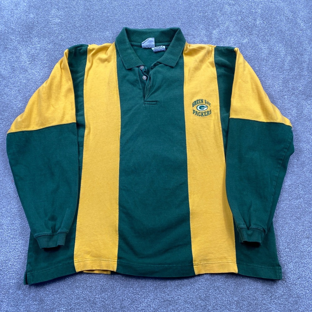 The Edge Green Bay Packers Polo Mens L Green Gold Good Striped Rugby Shirt